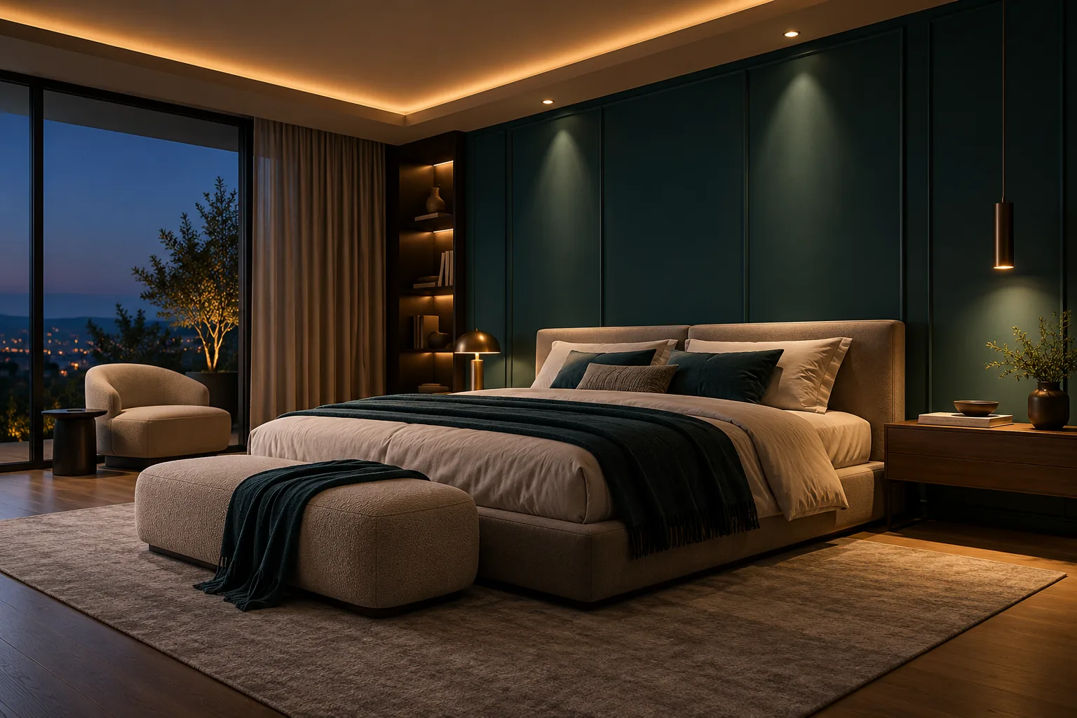 dark toned bedroom led cove and downlight lighting
