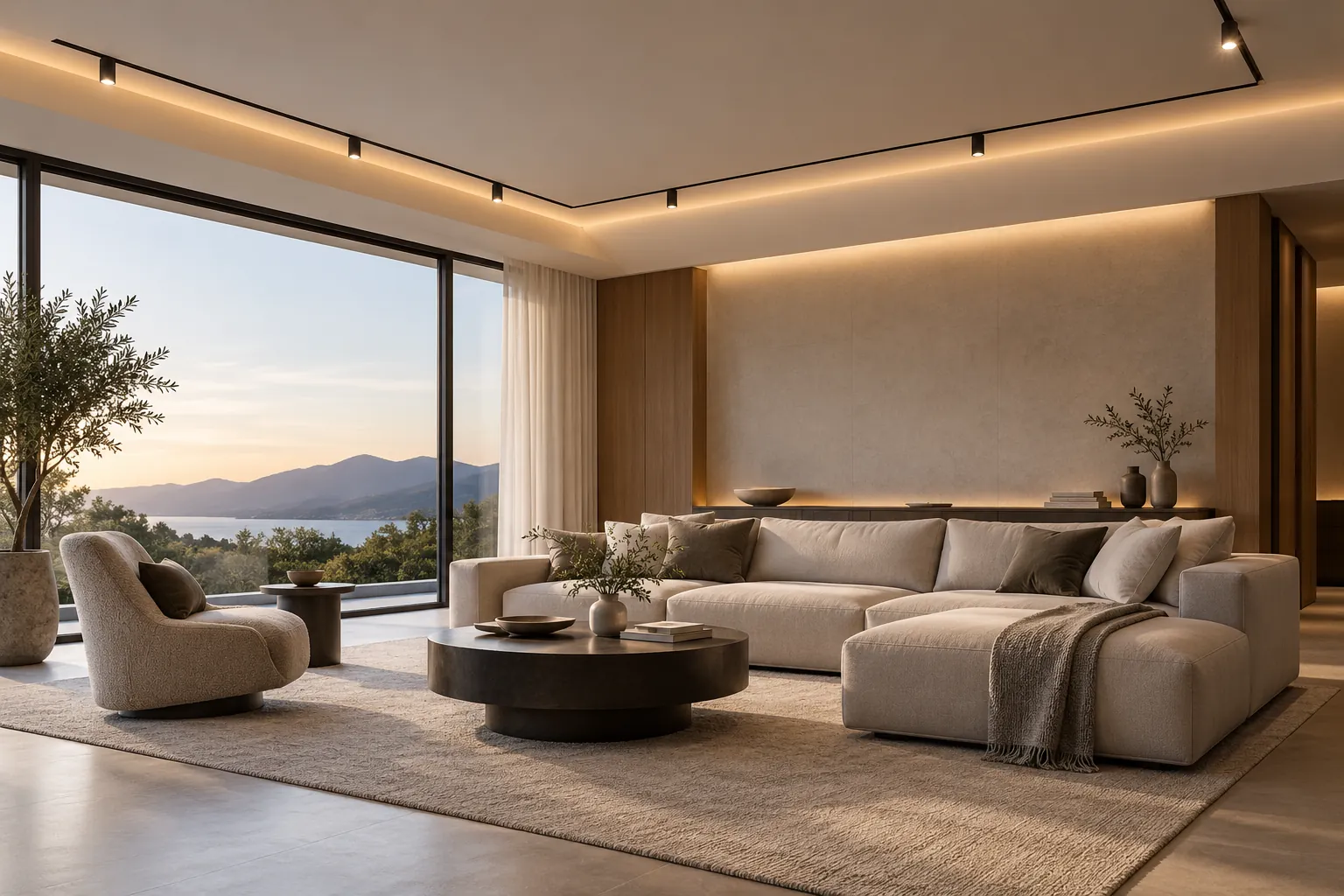 living room perimeter led track and cove lighting